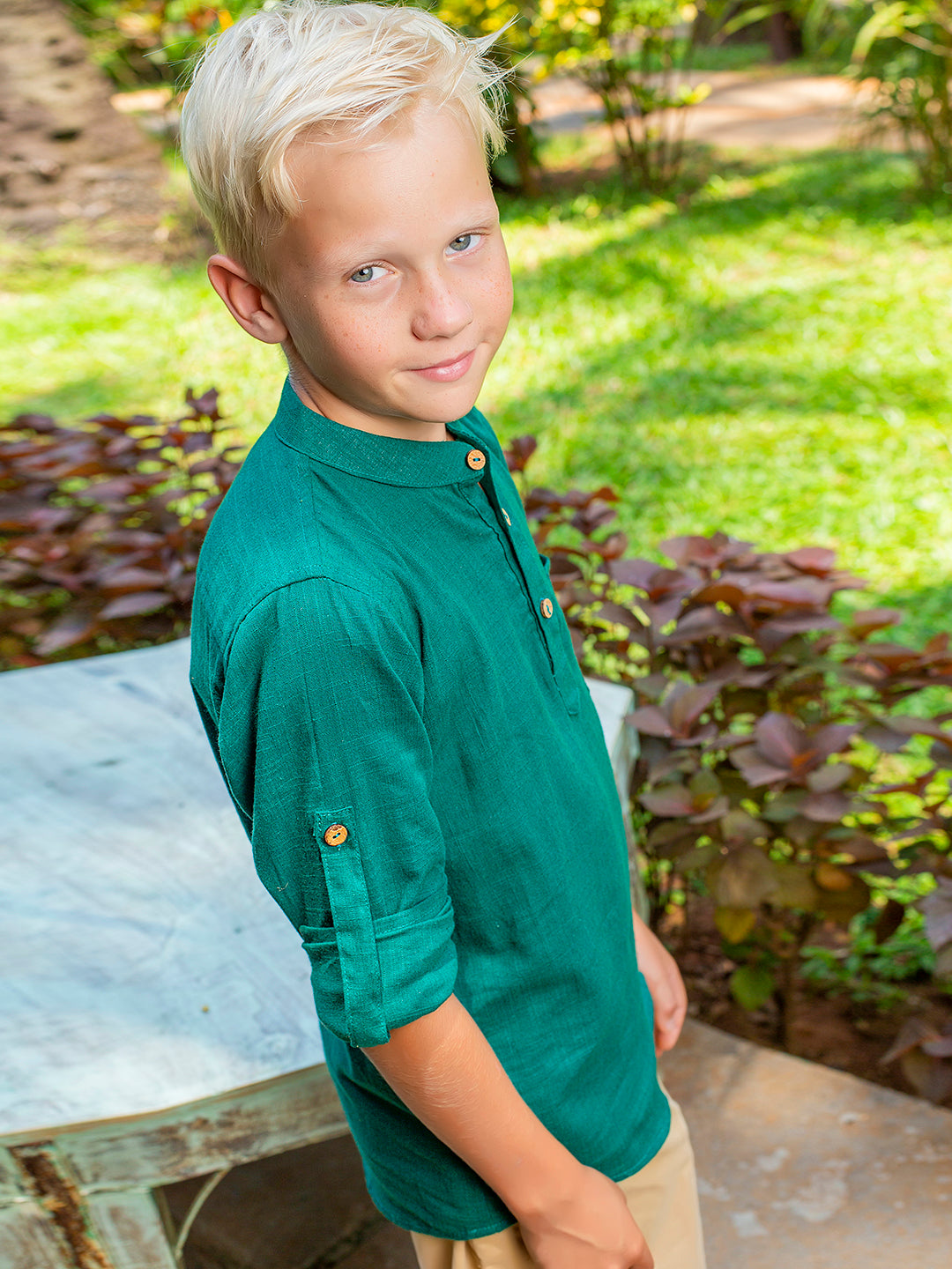 Boys Green Rolled Up Cotton Shirt