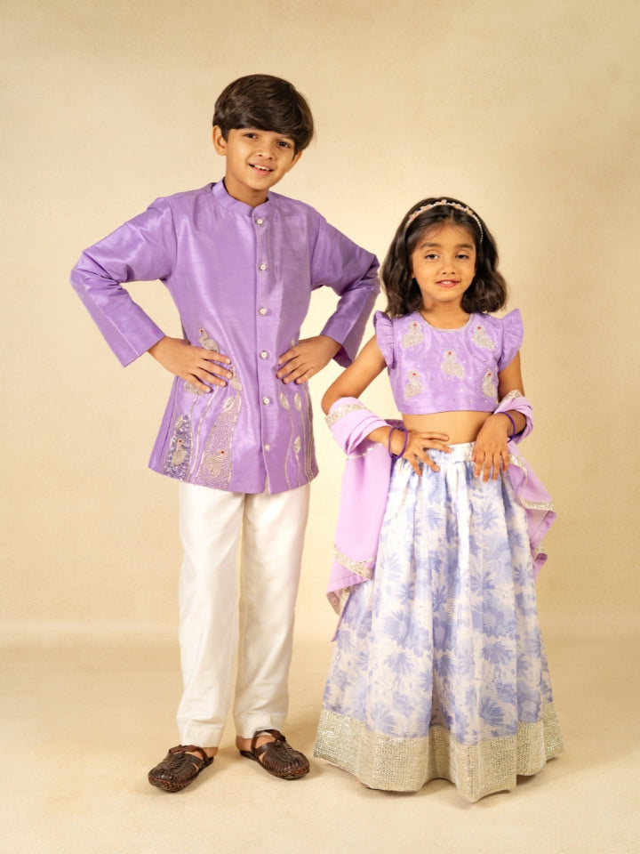 Purple Sibling Ethnic Outfit Boy Kurta Set and Girl Lehenga
