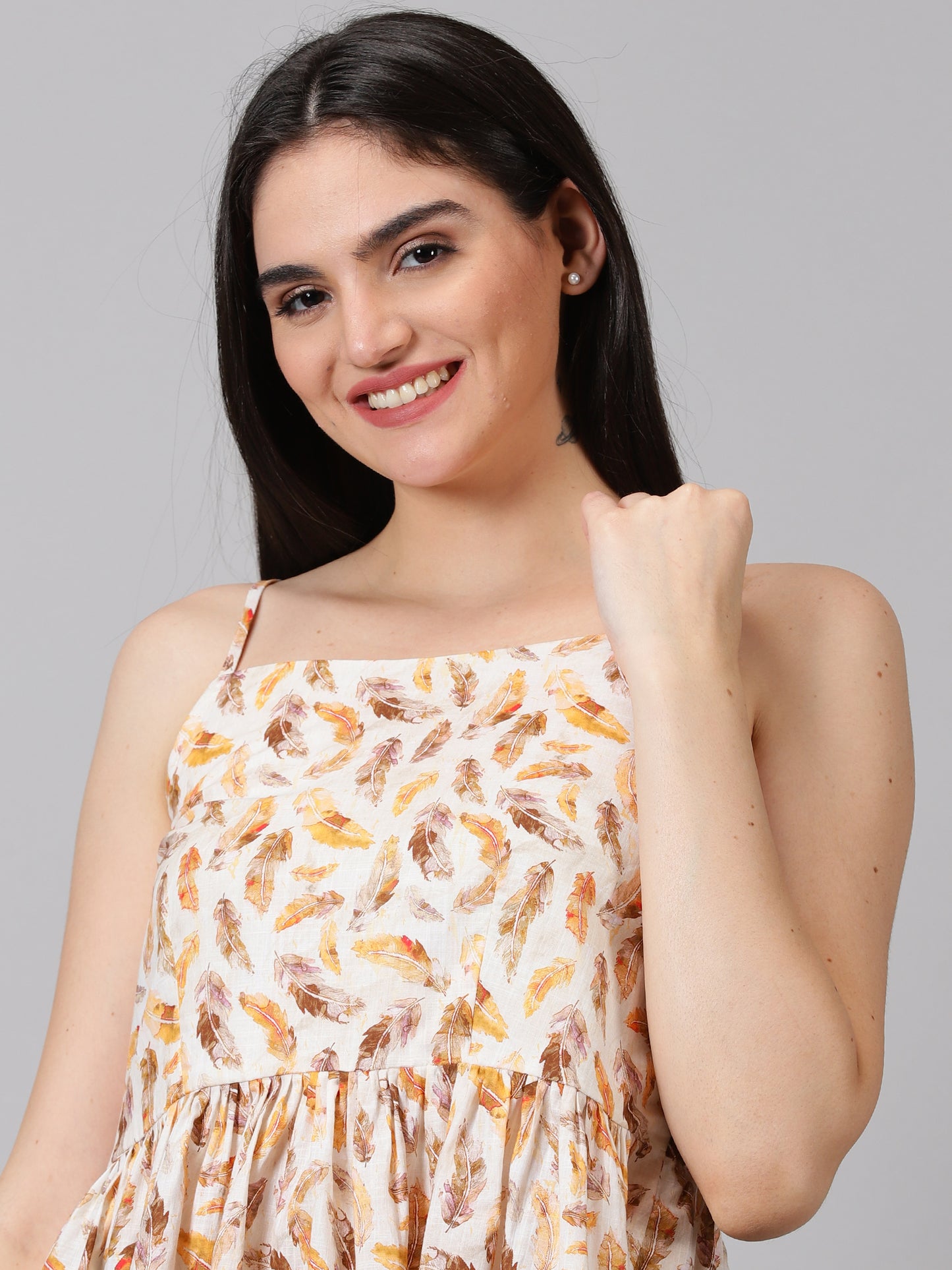 Beige Sleeveless Floral cotton Top