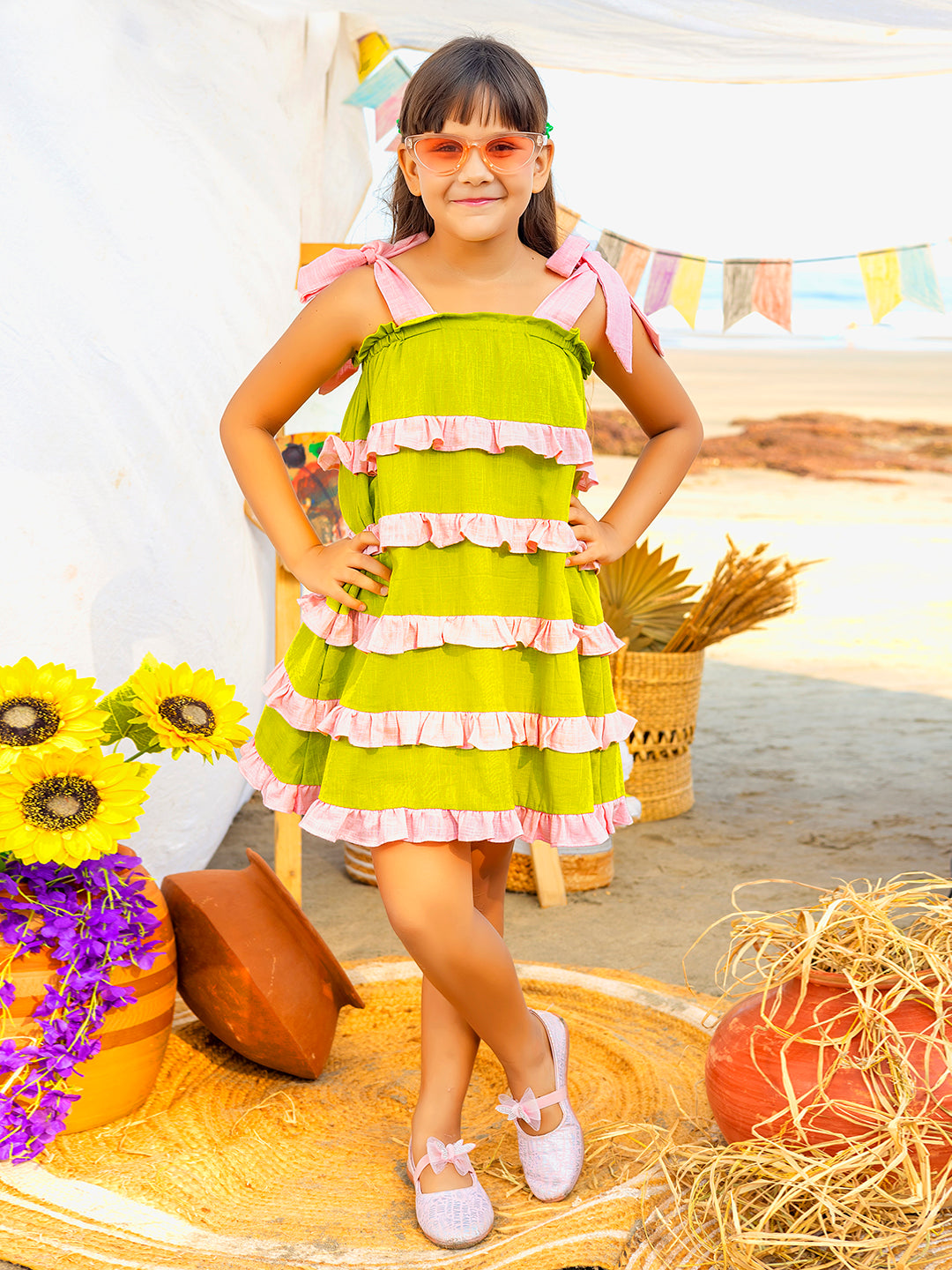 Girls Ruffled Green and Pink Cotton Dress