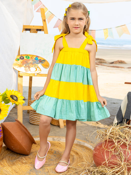 Girls Yellow Colourblocked Layrered Cotton Dress