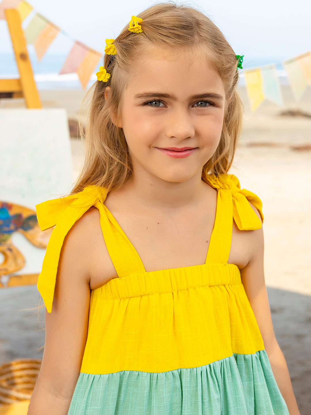 Girls Yellow Colourblocked Layrered Cotton Dress