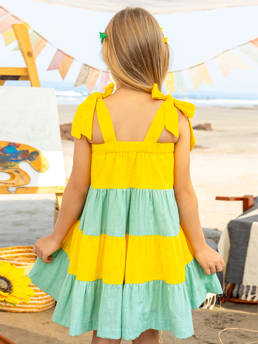 Girls Yellow Colourblocked Layrered Cotton Dress