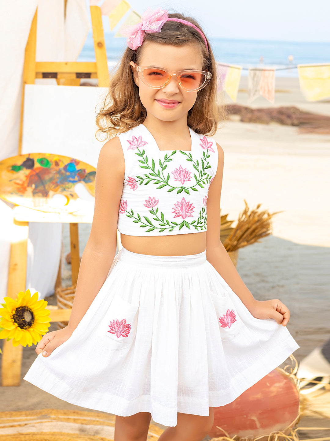 Girls White Flower Embroidered Cotton Dress