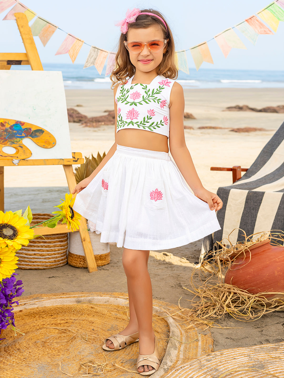 Girls White Flower Embroidered Cotton Dress