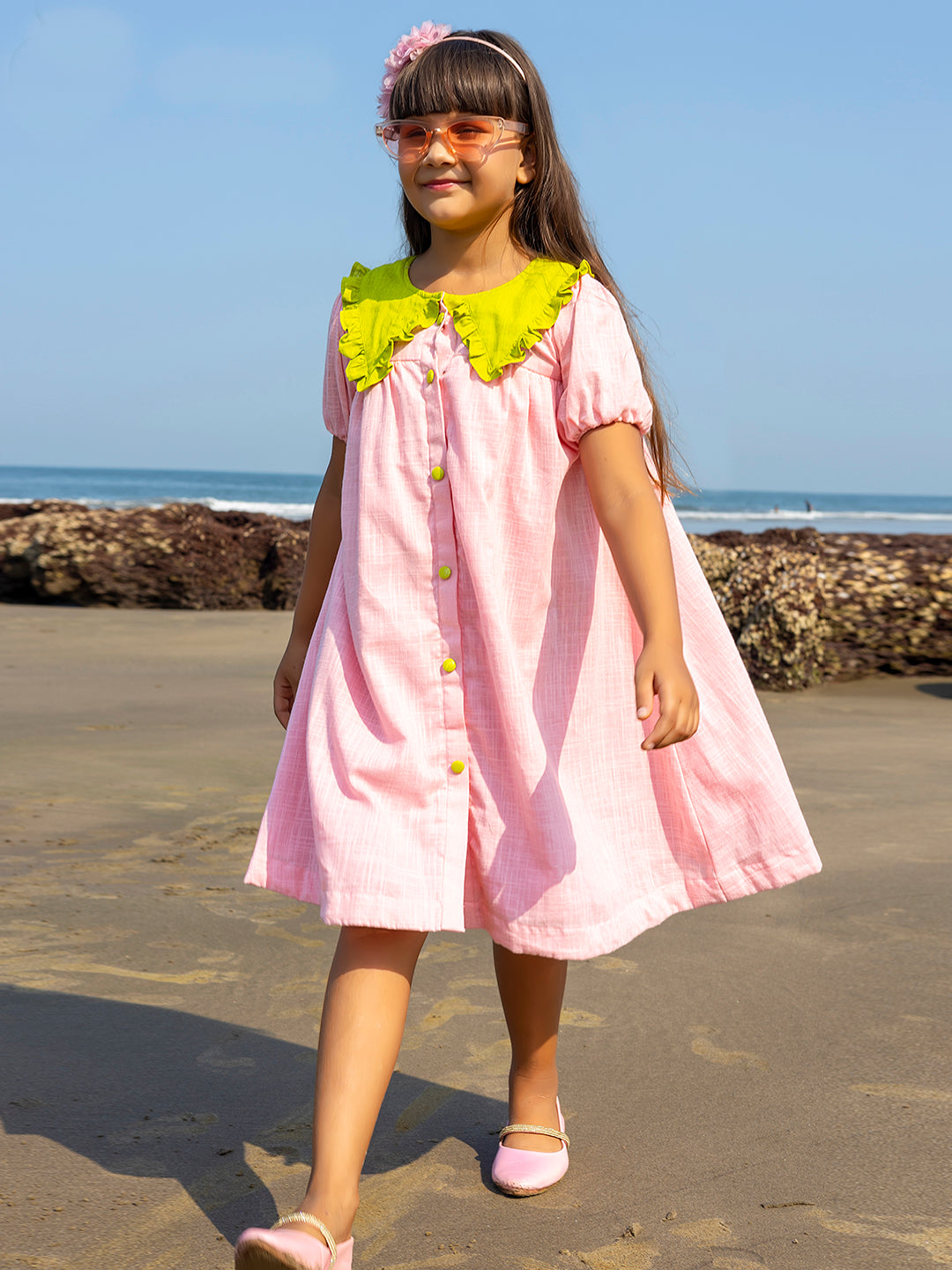 Girls Green Collar Pink Dress