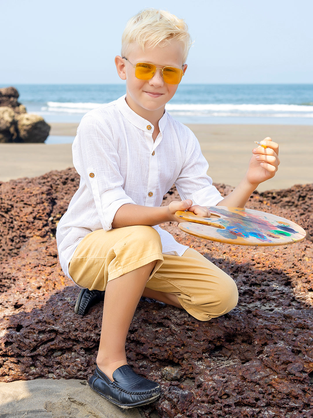 Boys White Rolled Up Cotton Shirt