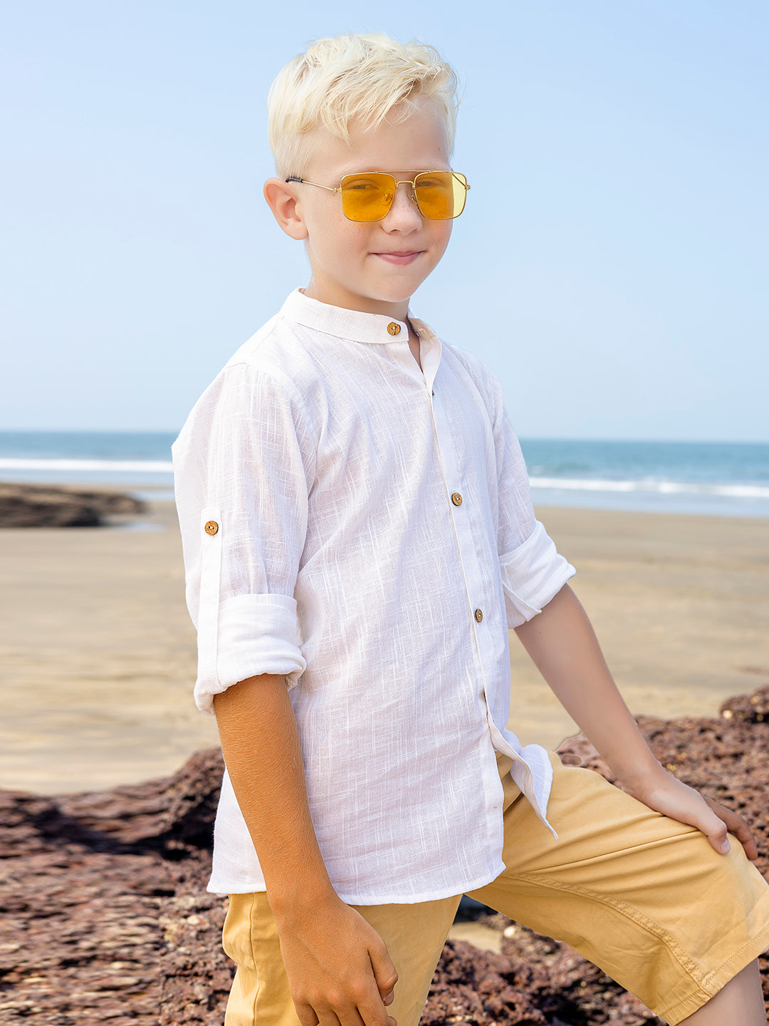 Boys White Rolled Up Cotton Shirt