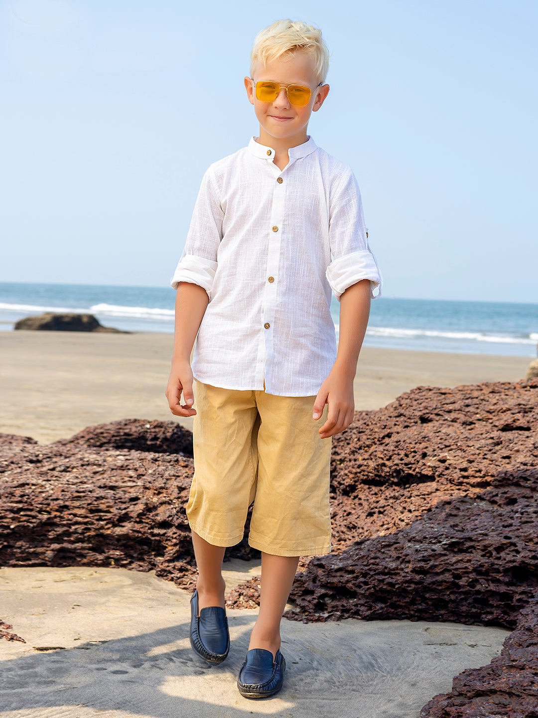 Boys White Rolled Up Cotton Shirt