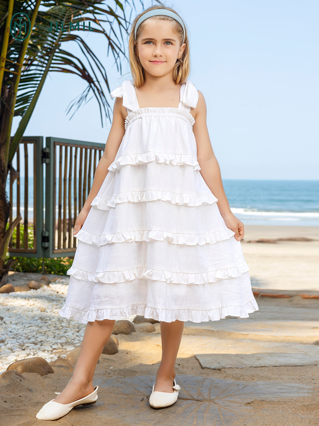 Girls Ruffled White Cotton Dress – Jilmil