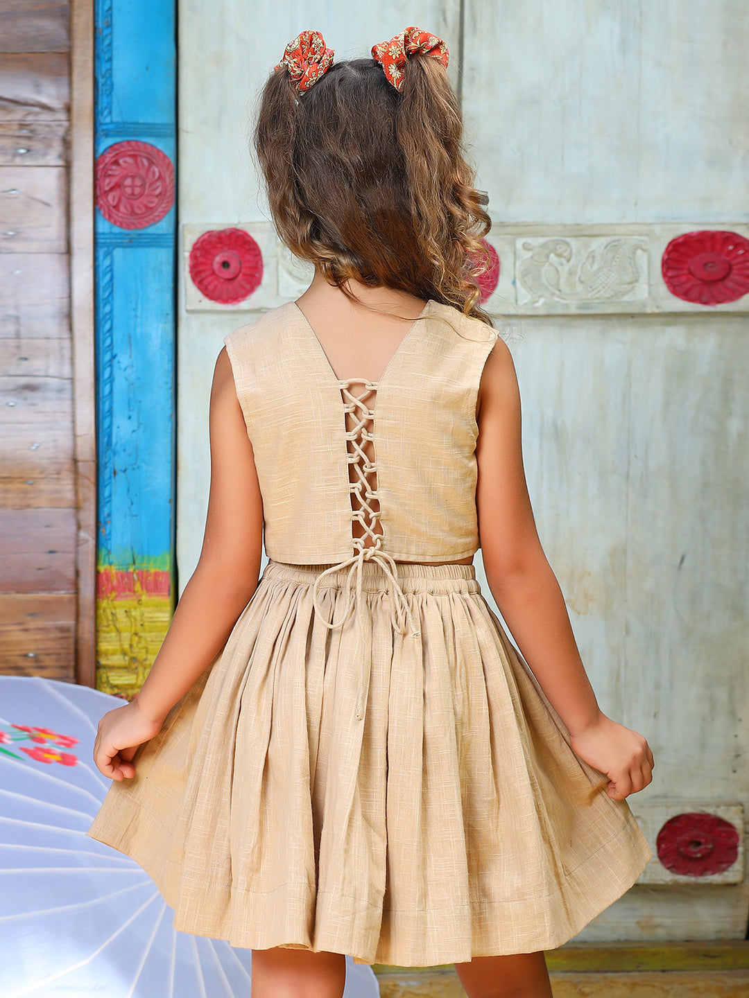 Girls Beige Flower Embroidered Cotton Dress