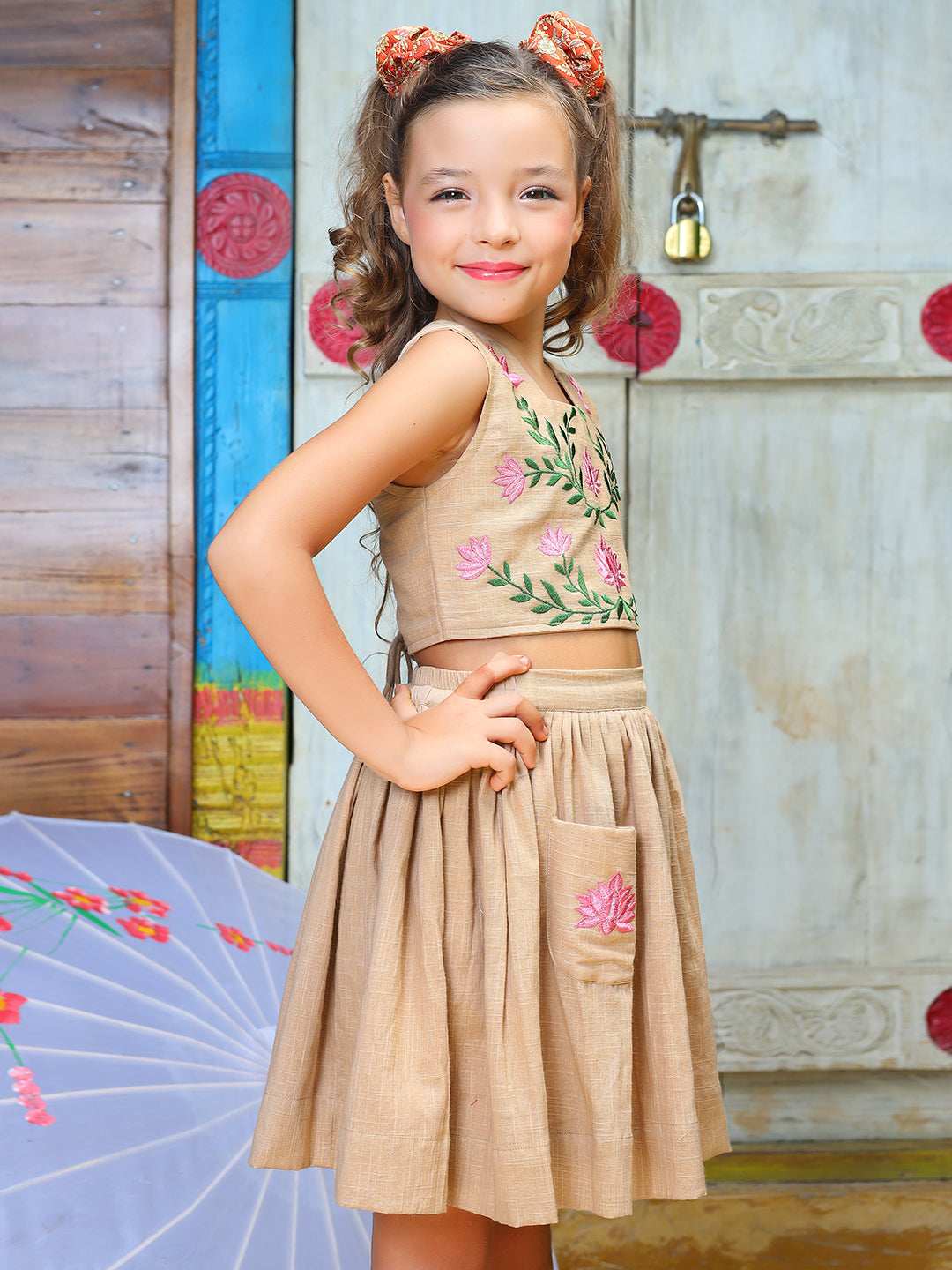 Girls Beige Flower Embroidered Cotton Dress