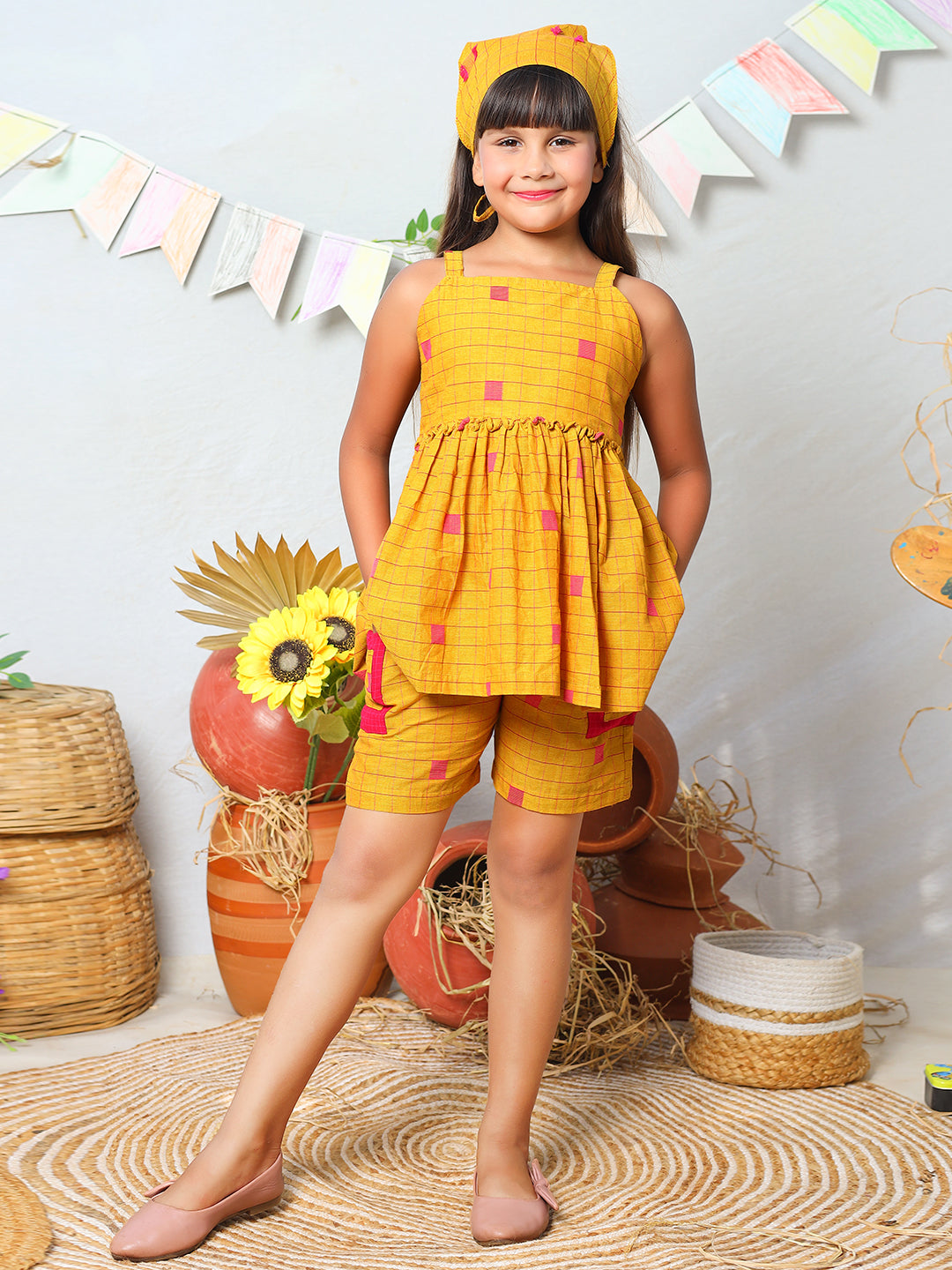 Girls Mustard Checks Cotton Top & Shorts