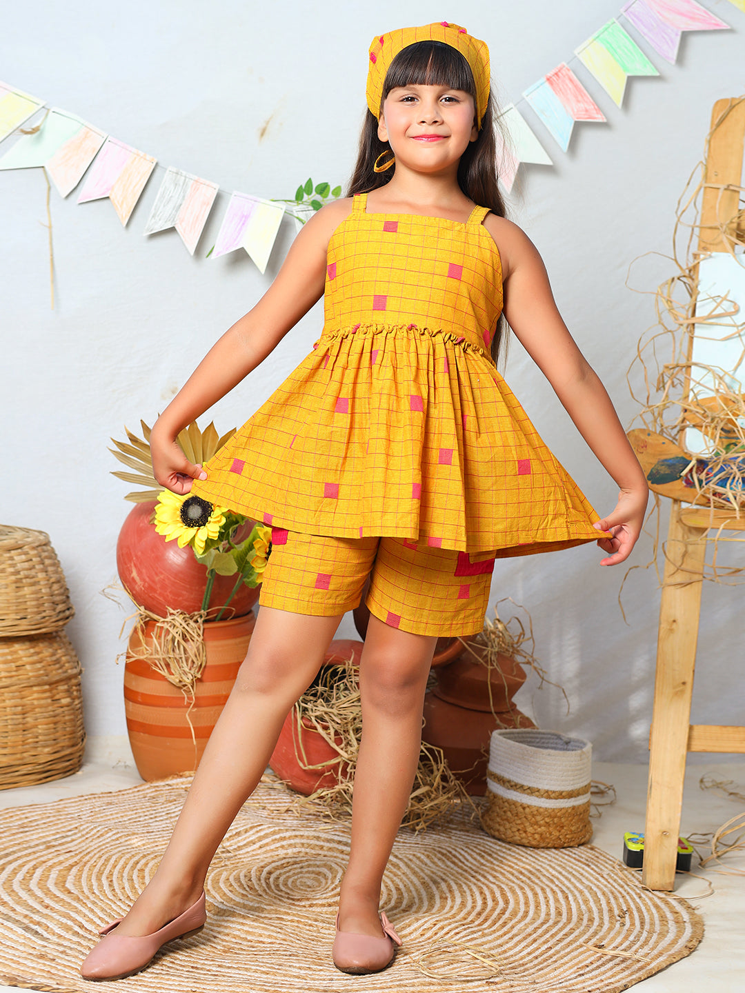 Girls Mustard Checks Cotton Top & Shorts