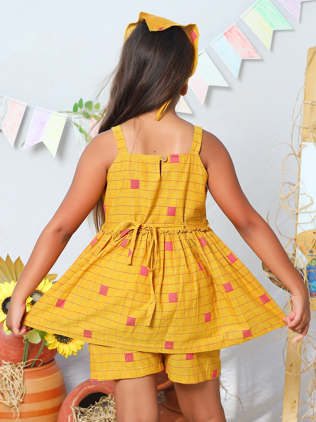 Girls Mustard Checks Cotton Top & Shorts