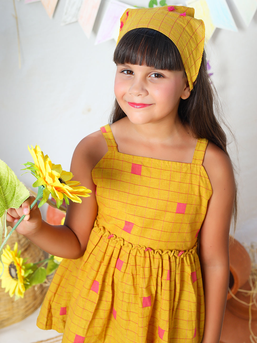 Girls Mustard Checks Cotton Top & Shorts