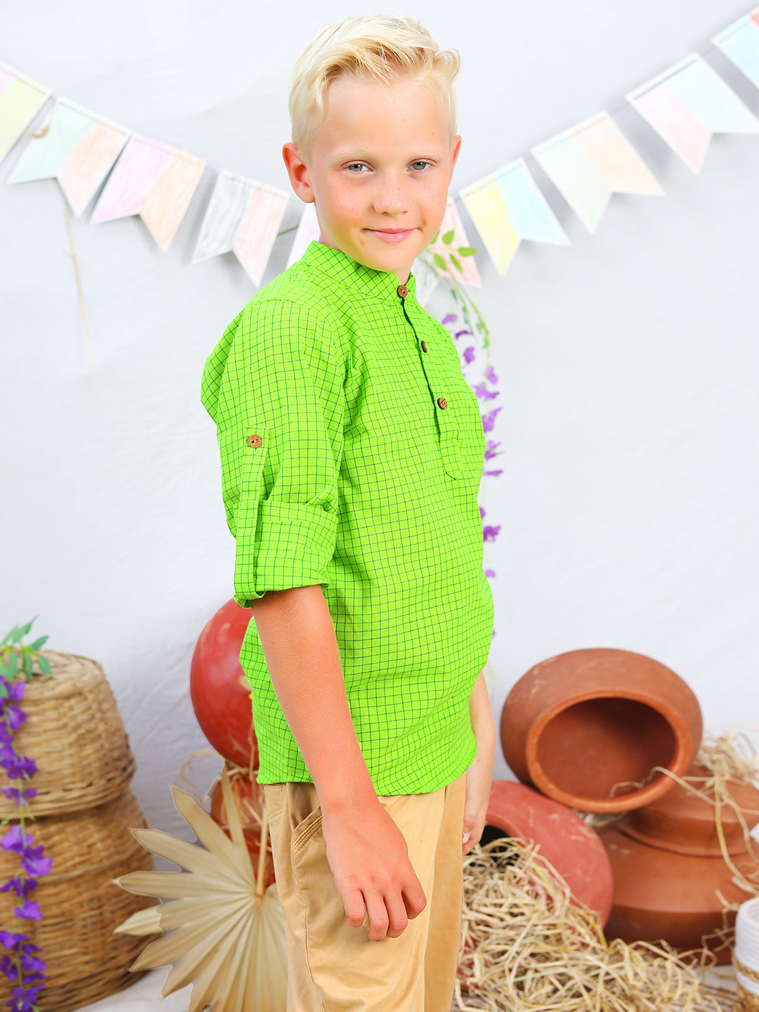 Boys Green Checks Cotton Shirt