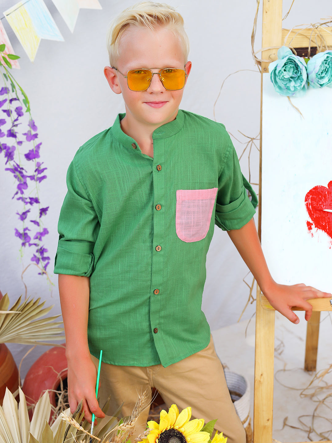 Boys Sheen Colourblocked rolled up Cotton Shirt