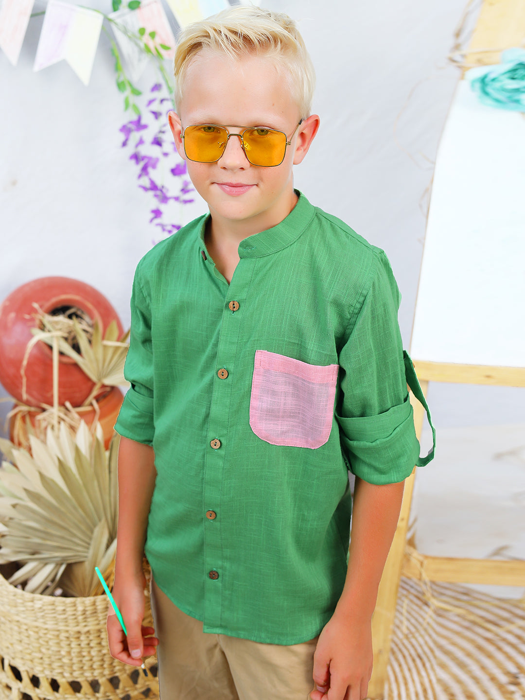 Boys Sheen Colourblocked rolled up Cotton Shirt