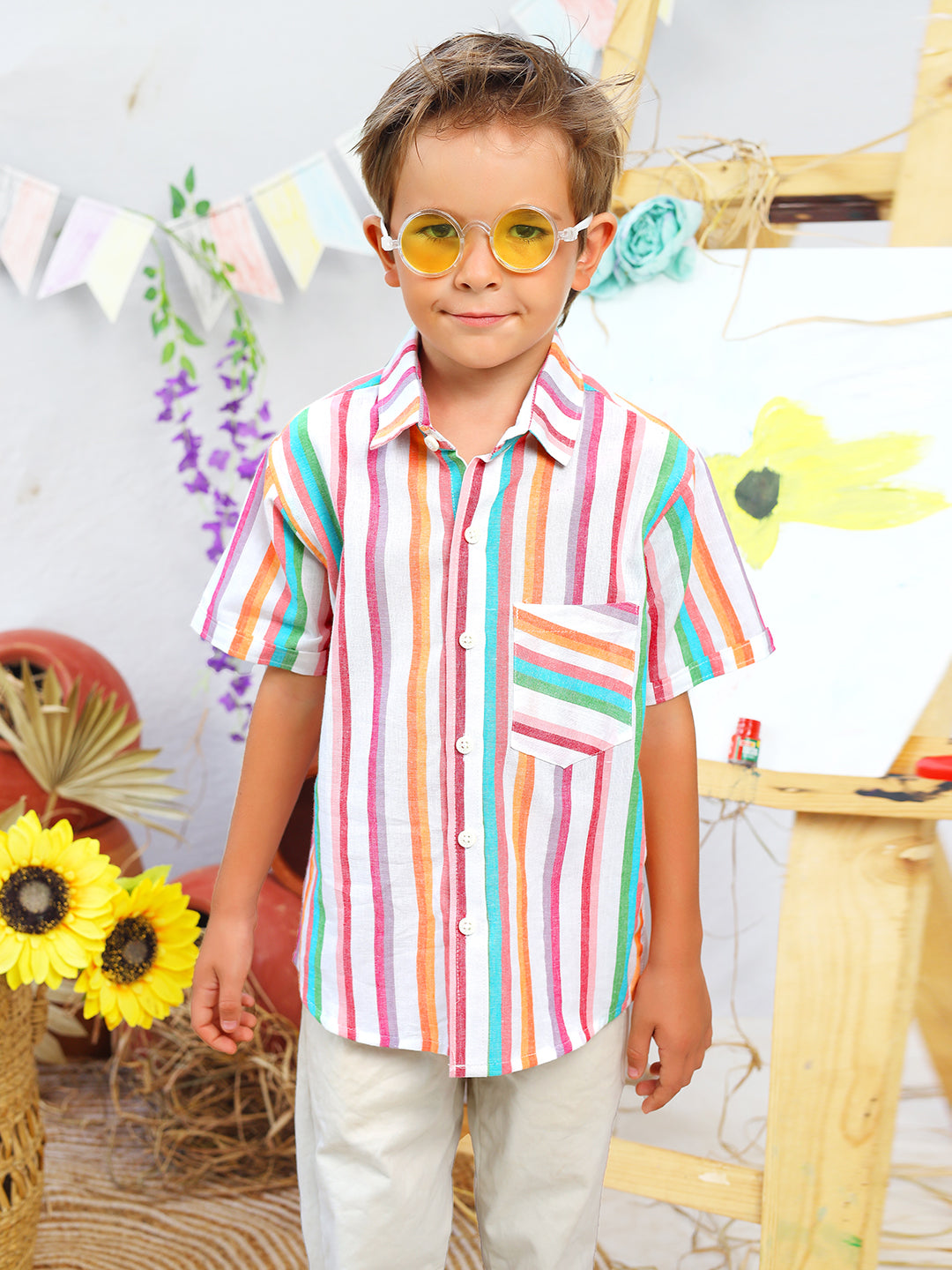 Boys Pink Stripes Half Sleeve Cotton Shirt