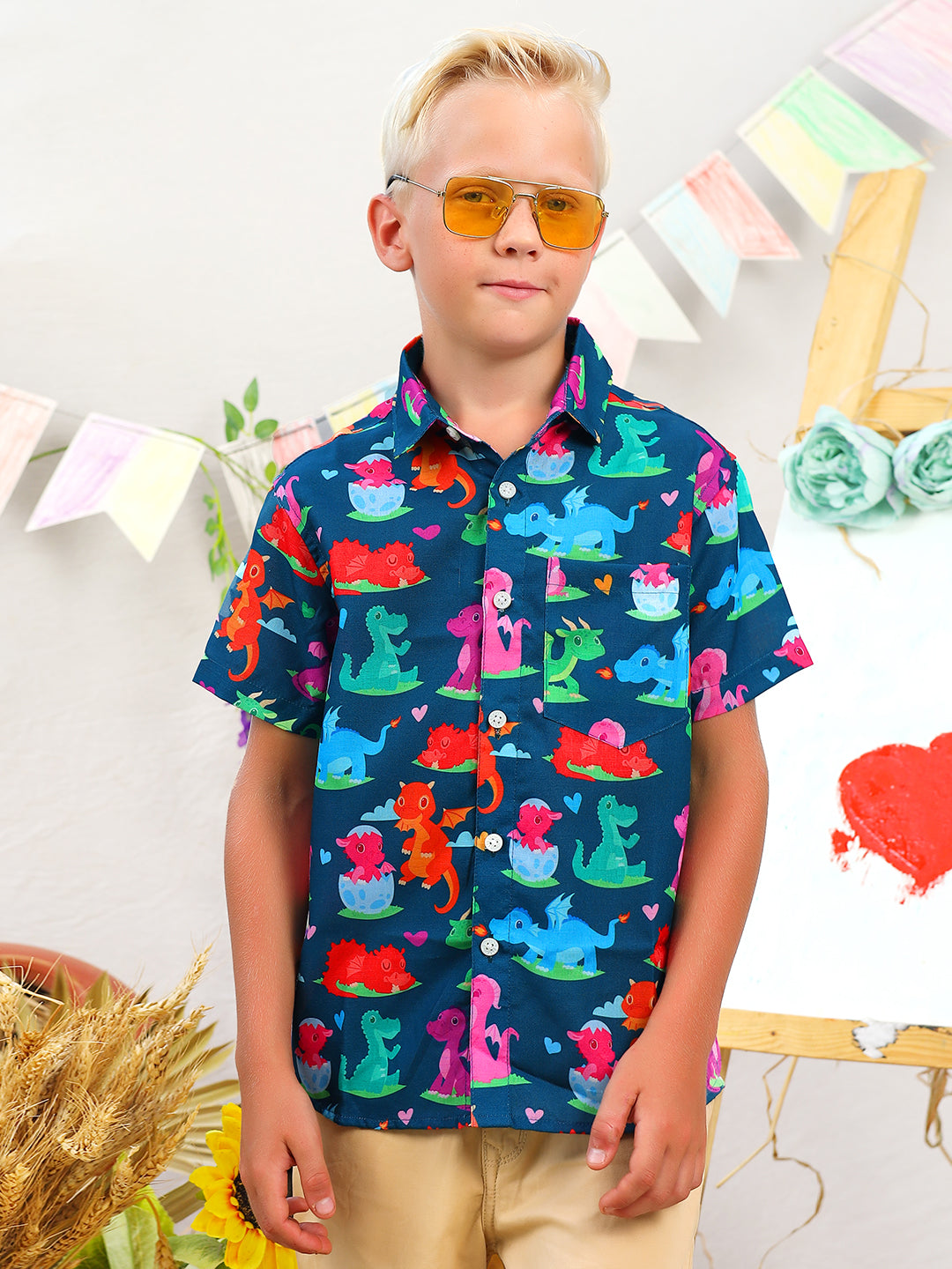 Boys Navy Blue Dinosaur Printed Shirt