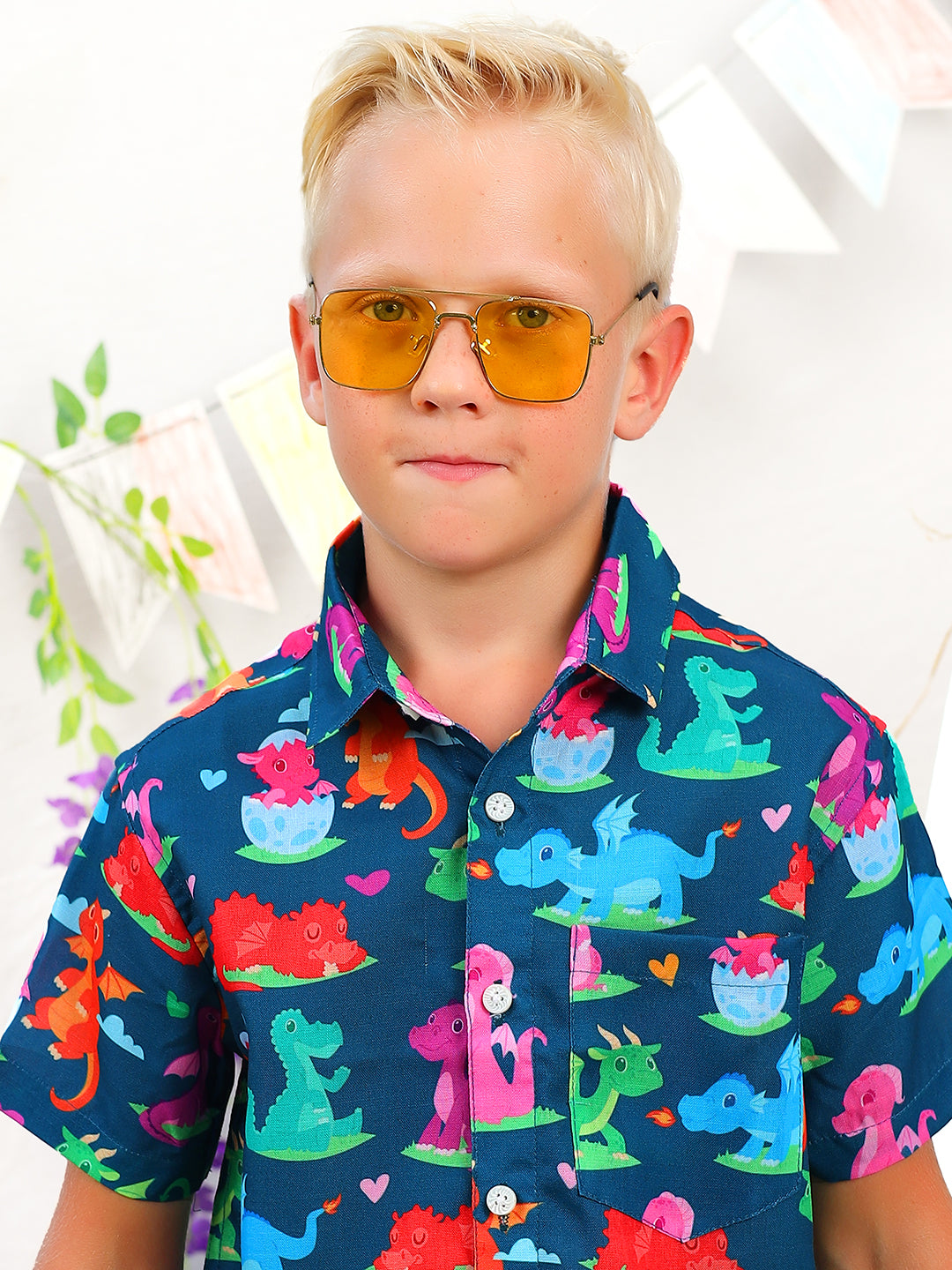 Boys Navy Blue Dinosaur Printed Shirt