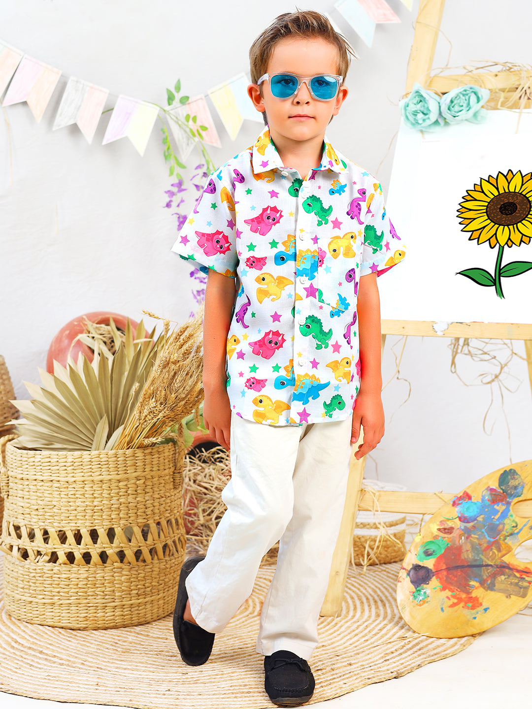 Boys White Dinosaur Printed Shirt