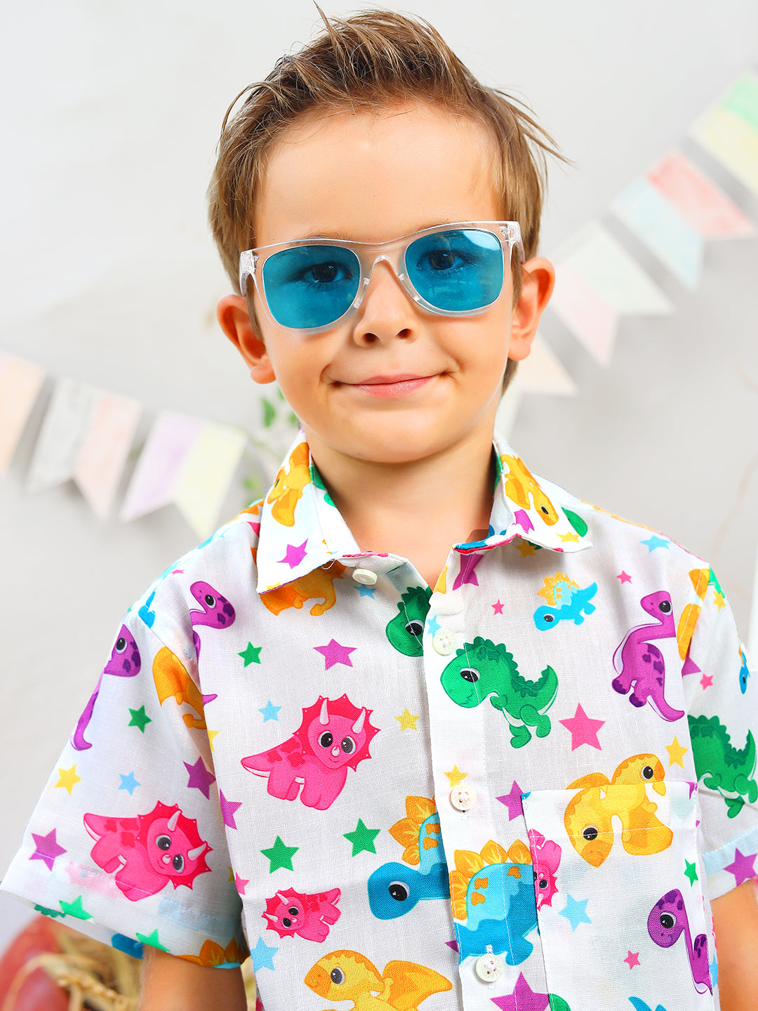 Boys White Dinosaur Printed Shirt