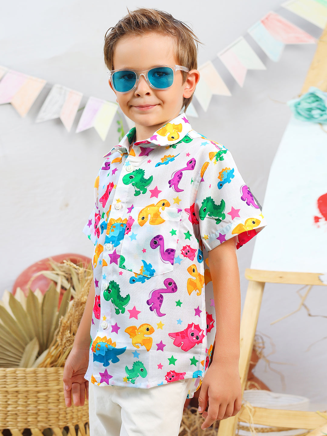 Boys White Dinosaur Printed Shirt