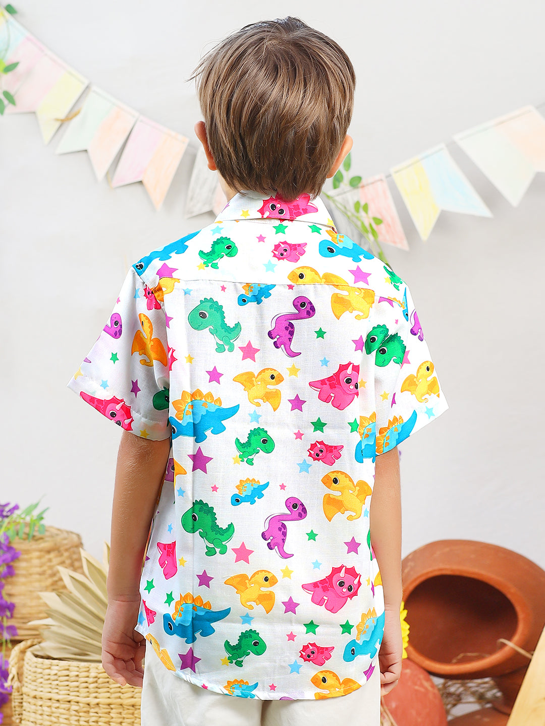 Boys White Dinosaur Printed Shirt