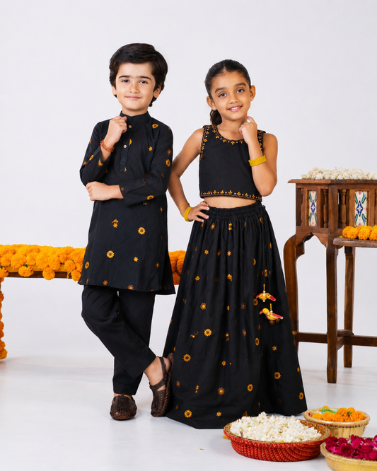 Black Traditional Sibling Wear Set for Kids