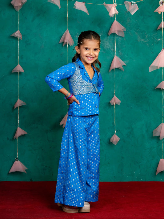 Blue Kurta Pant Set and Full Sleeve Blazer with Palazzo