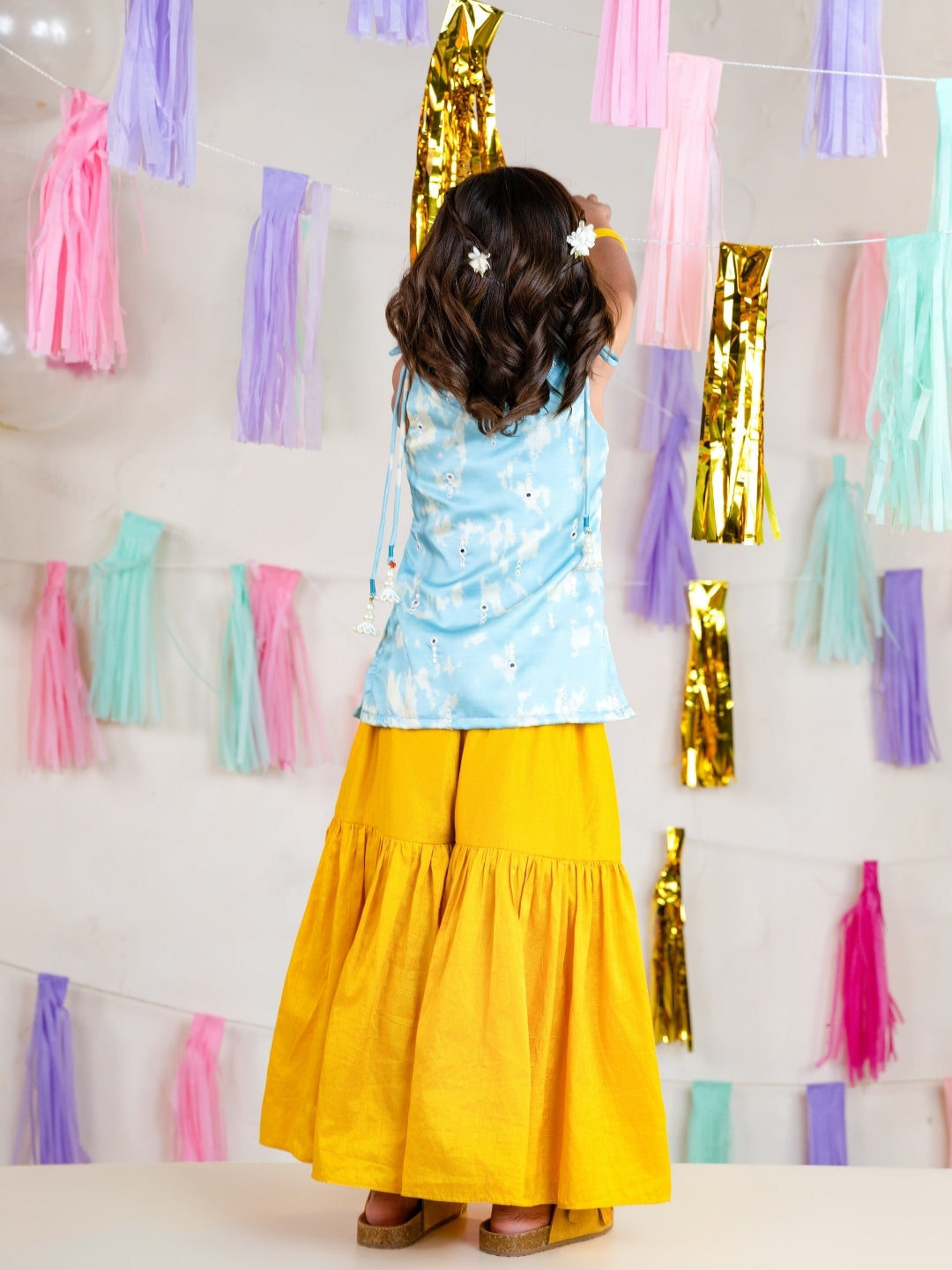 Boys Sky Blue Kurta with Girls Sharara Suit Set
