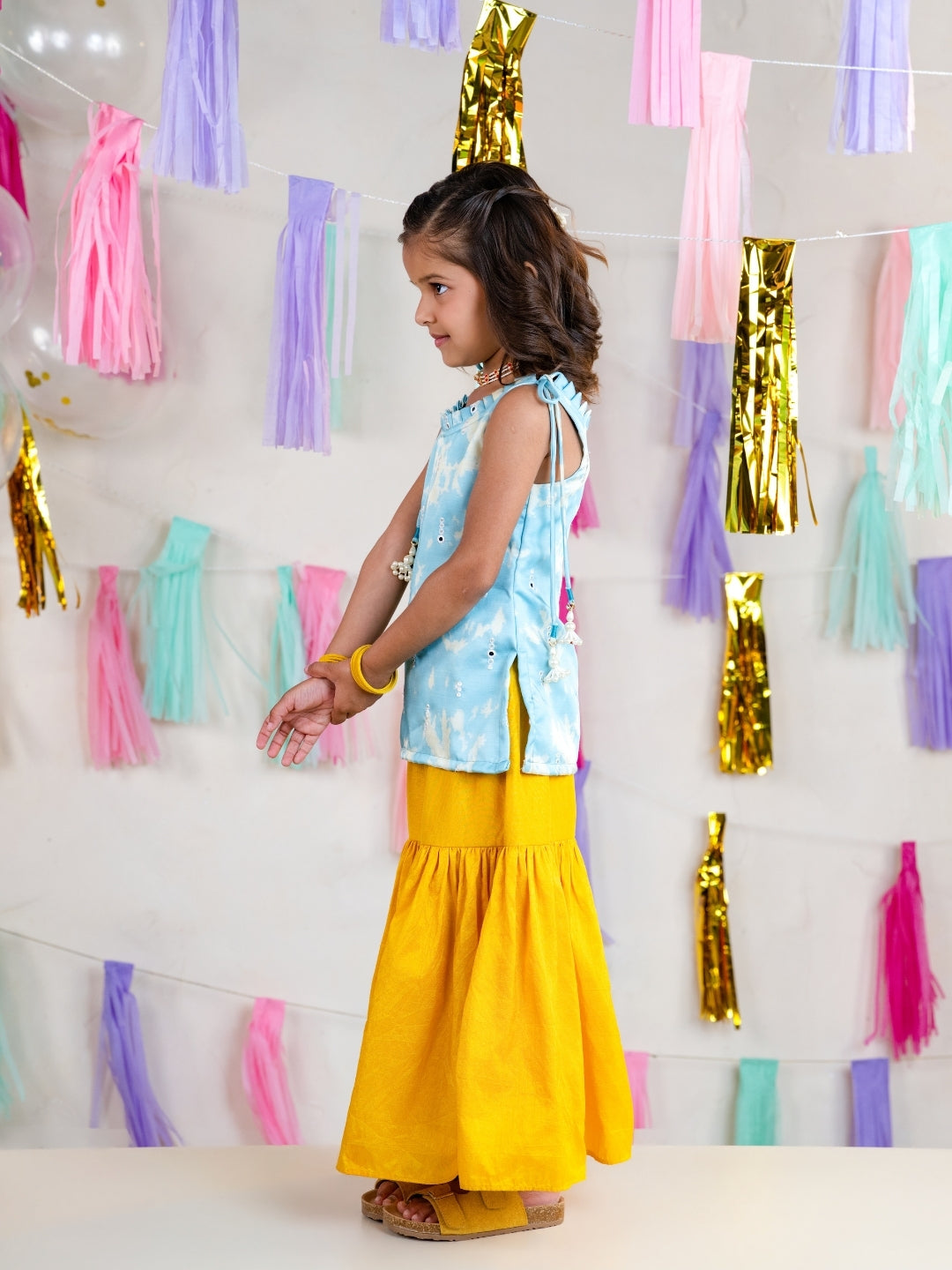 Boys Sky Blue Kurta with Girls Sharara Suit Set
