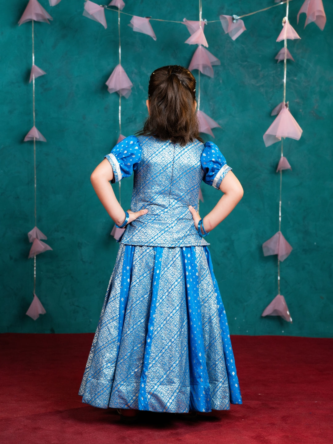 Blue Short Sleeve Top with Lehenga (Set of 2)