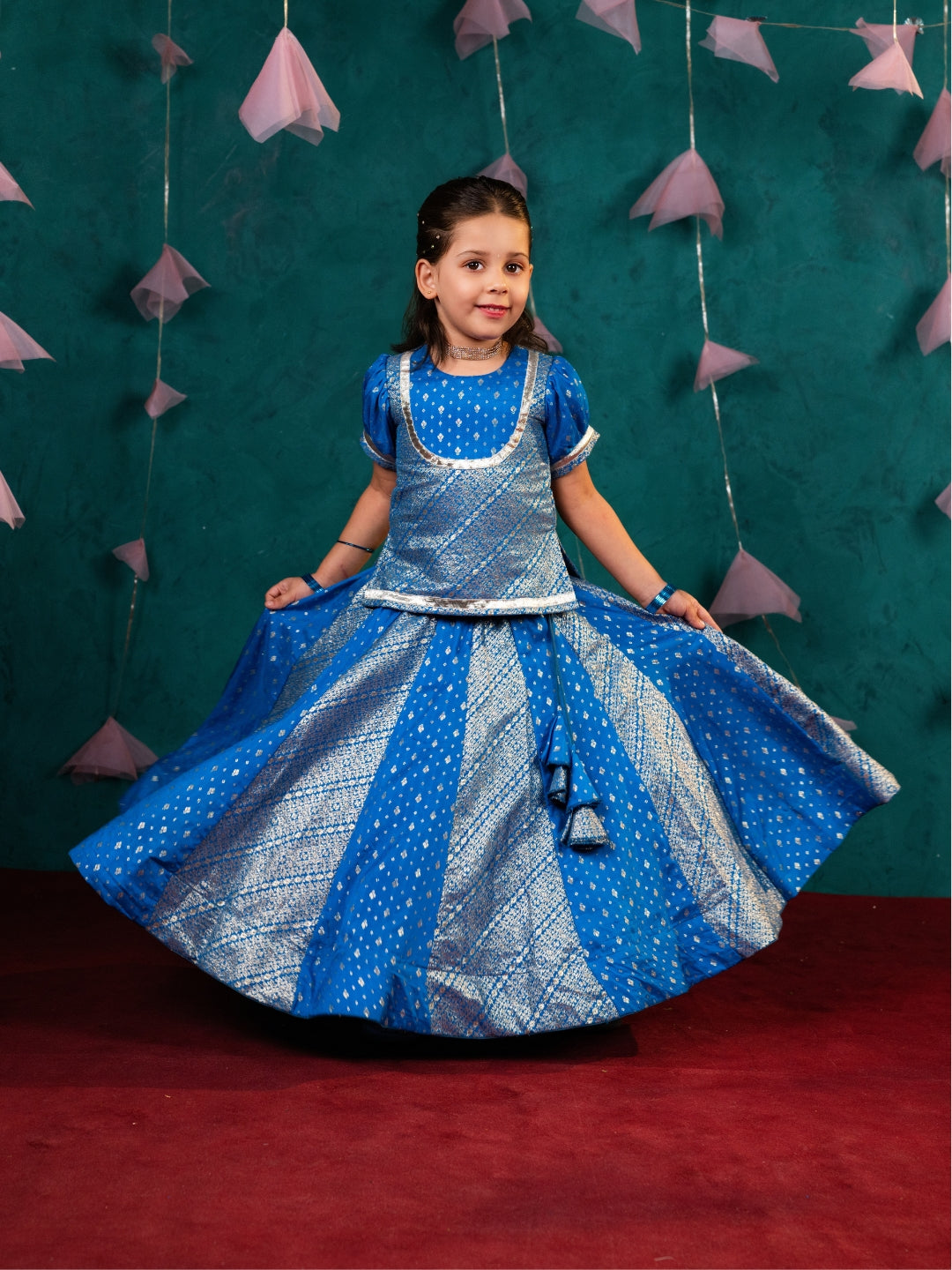 Blue Short Sleeve Top with Lehenga (Set of 2)