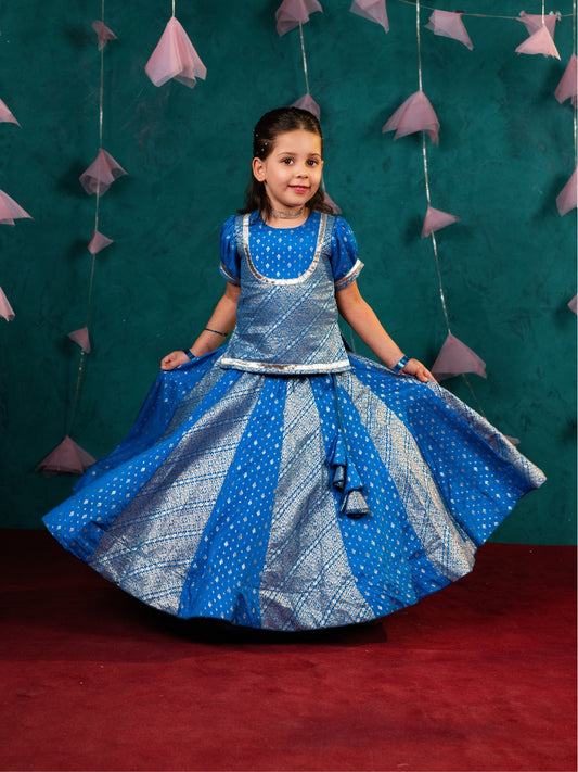 Blue Short Sleeve Top with Lehenga (Set of 2)