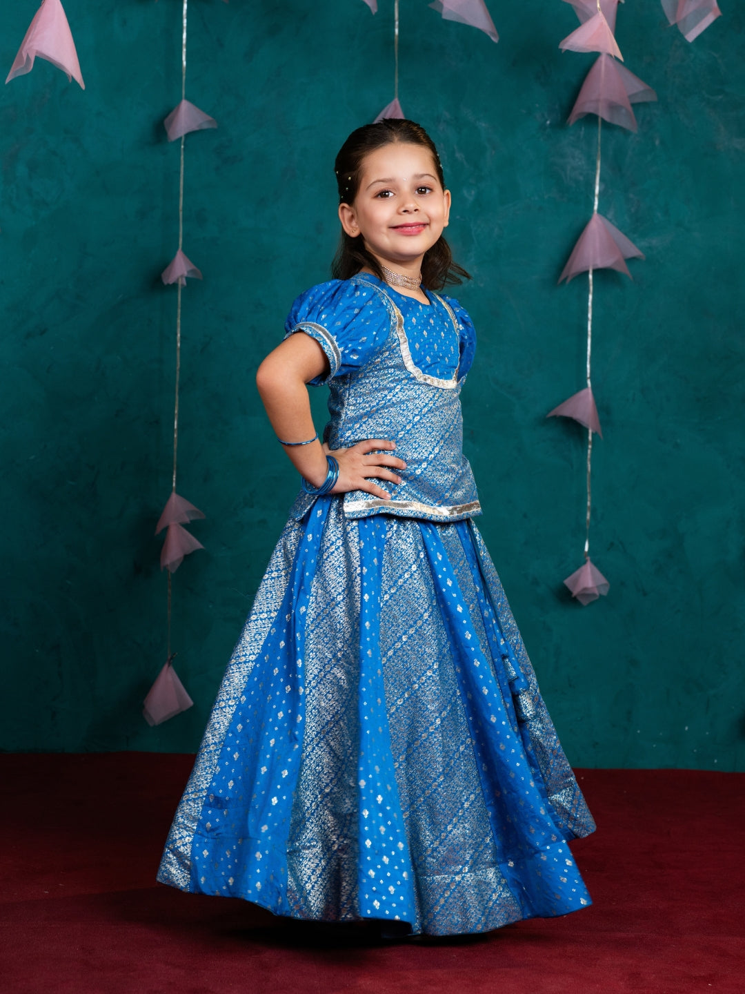Blue Short Sleeve Top with Lehenga (Set of 2)