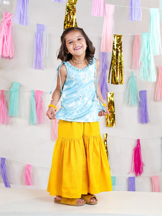 Blue Satin Shoulder Strap Kurti with Sharara Pant (Set of 2)
