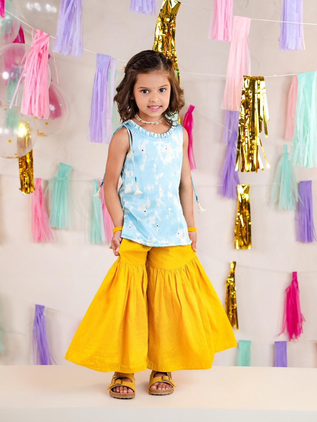 Blue Satin Shoulder Strap Kurti with Sharara Pant (Set of 2)
