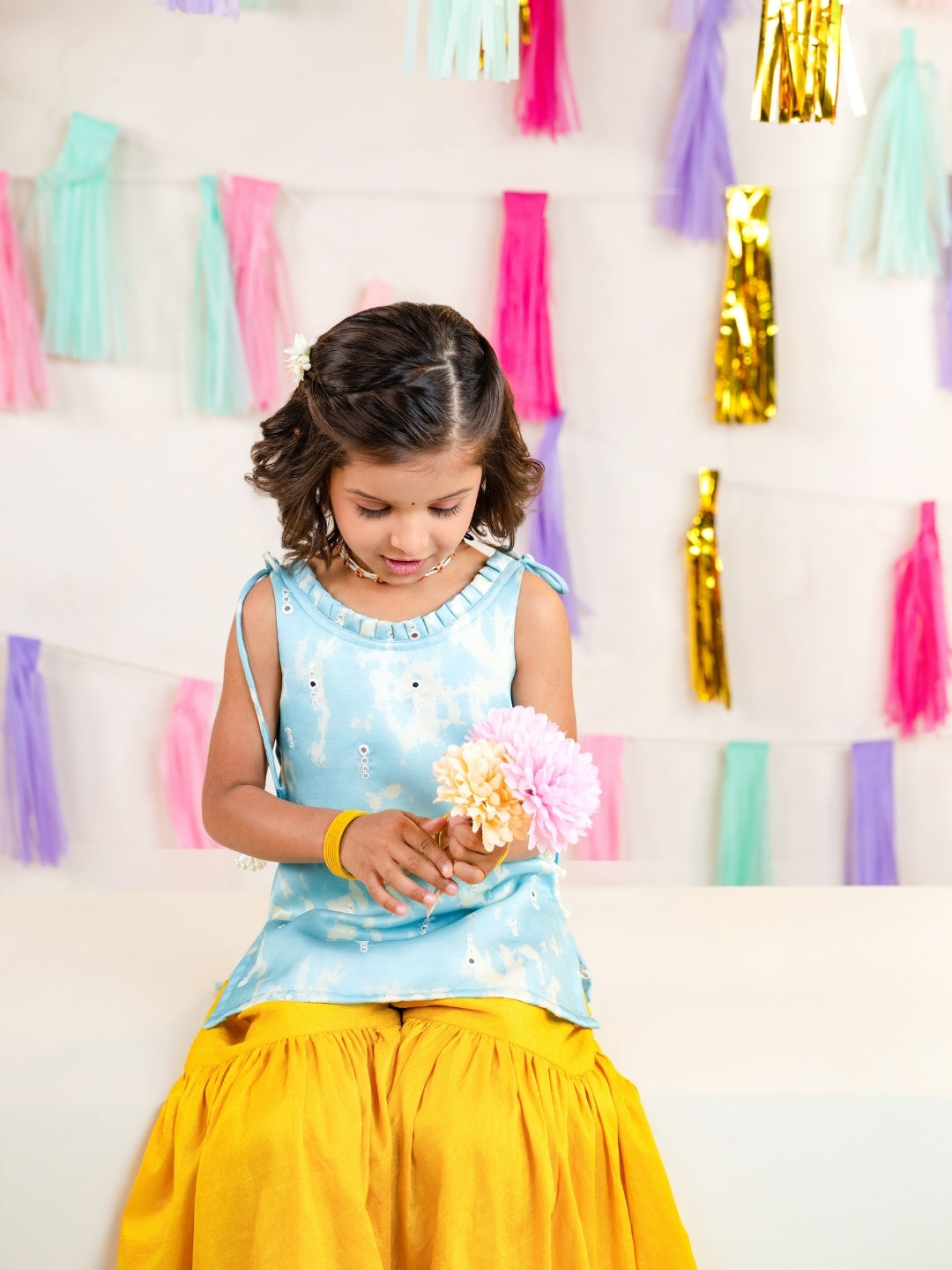 Blue Satin Shoulder Strap Kurti with Sharara Pant (Set of 2)