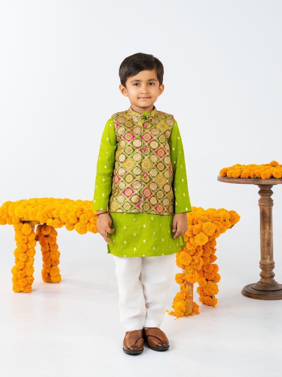 Boys Green Kurta & Girls Salwar Suit Family Celebration Set