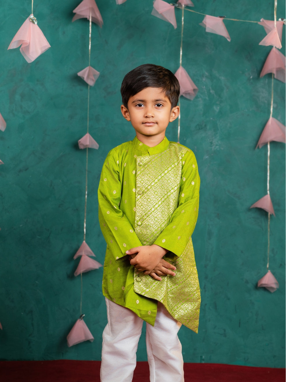 Boys Light Green Kurta & Girls Peplum Lehenga Sibling Combo