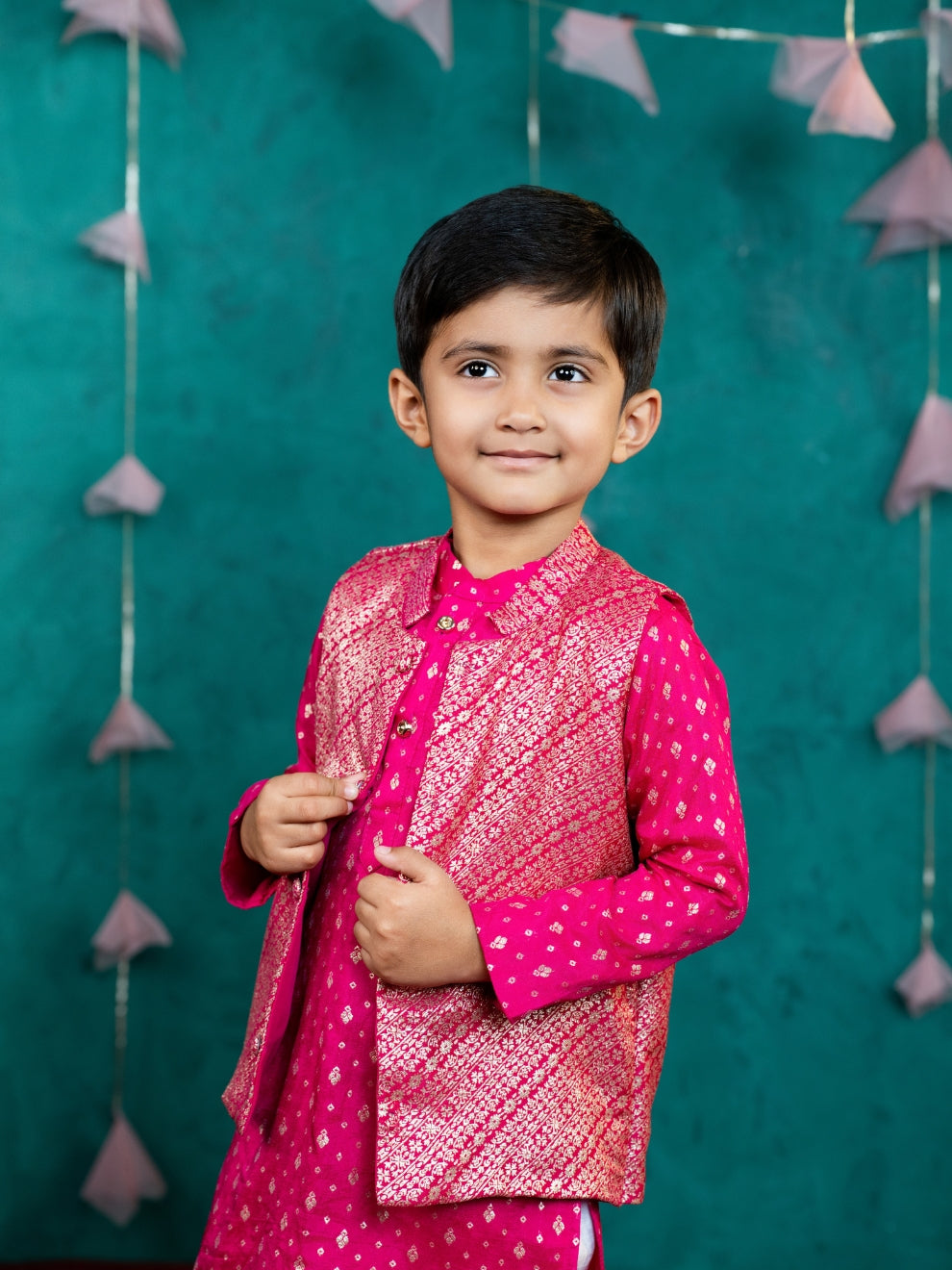 Boy's Pink Kurta Set with Jacket (Set of 3)
