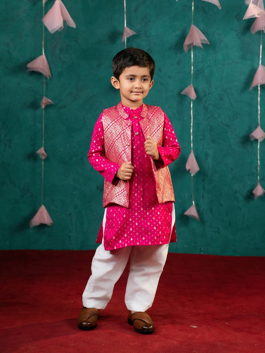 Boy's Pink Kurta Set with Jacket (Set of 3)
