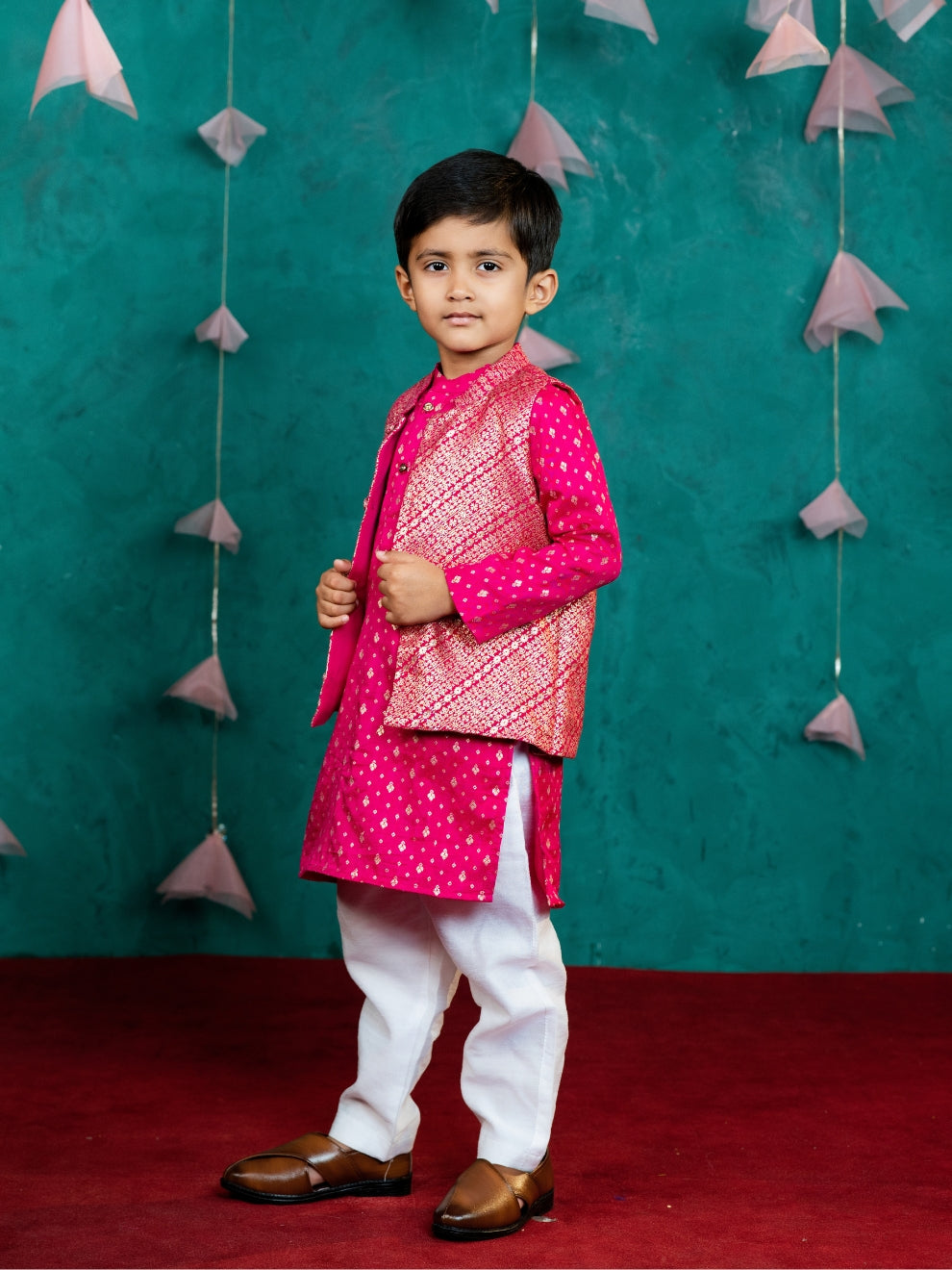 Boy's Pink Kurta Set with Jacket (Set of 3)