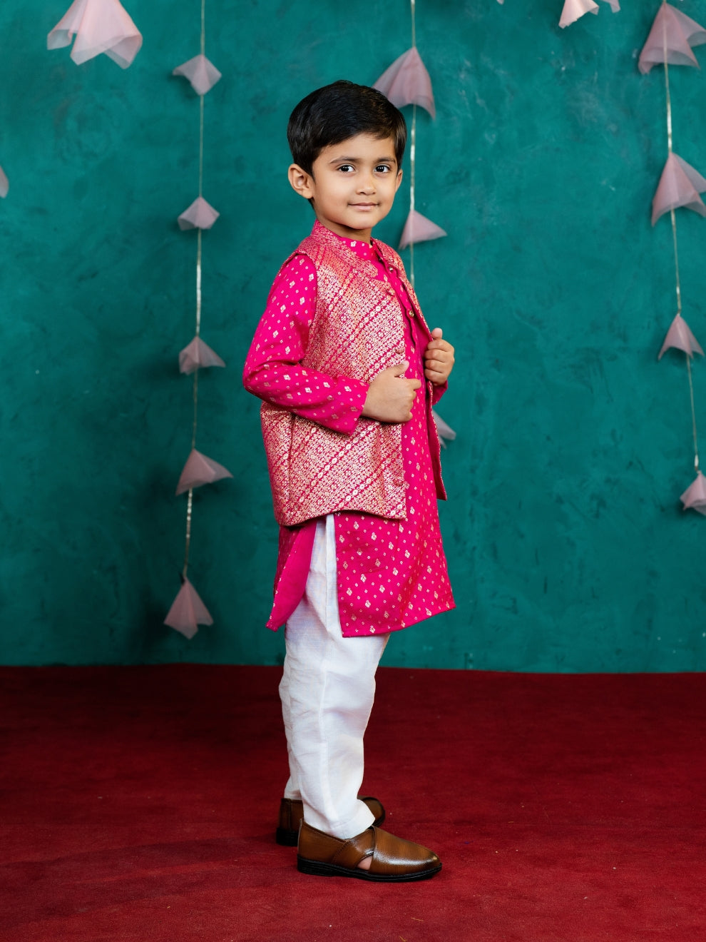 Boy's Pink Kurta Set with Jacket (Set of 3)