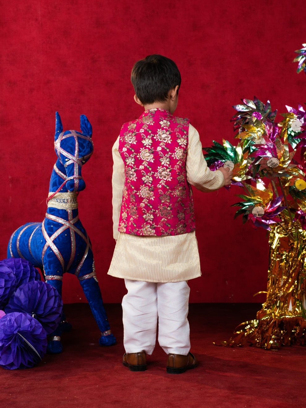 Boy's White Kurta set with Jacket (Set of 3)