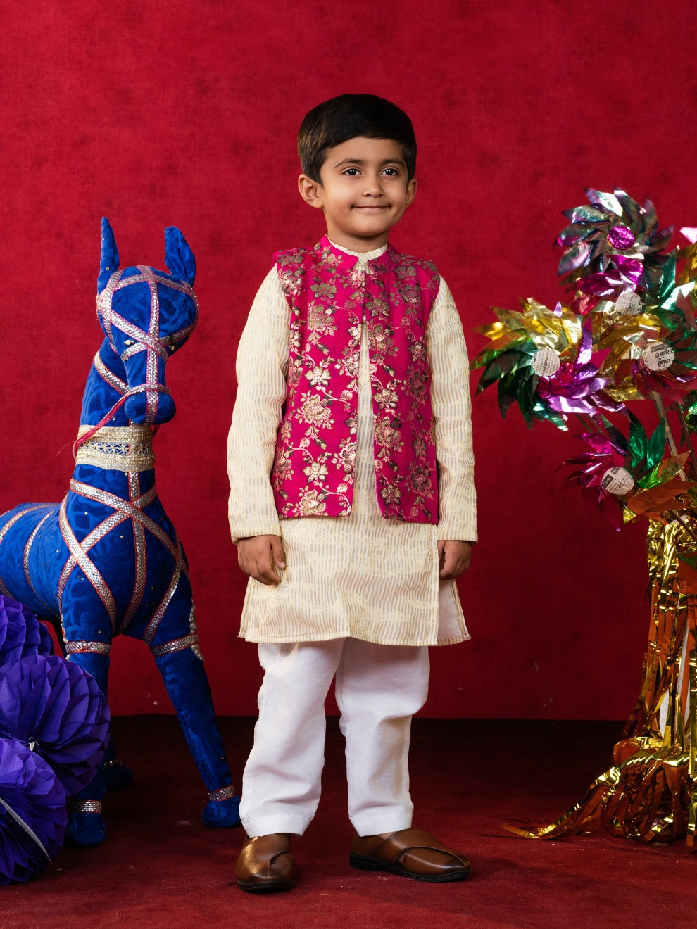 Boy's White Kurta set with Jacket (Set of 3)