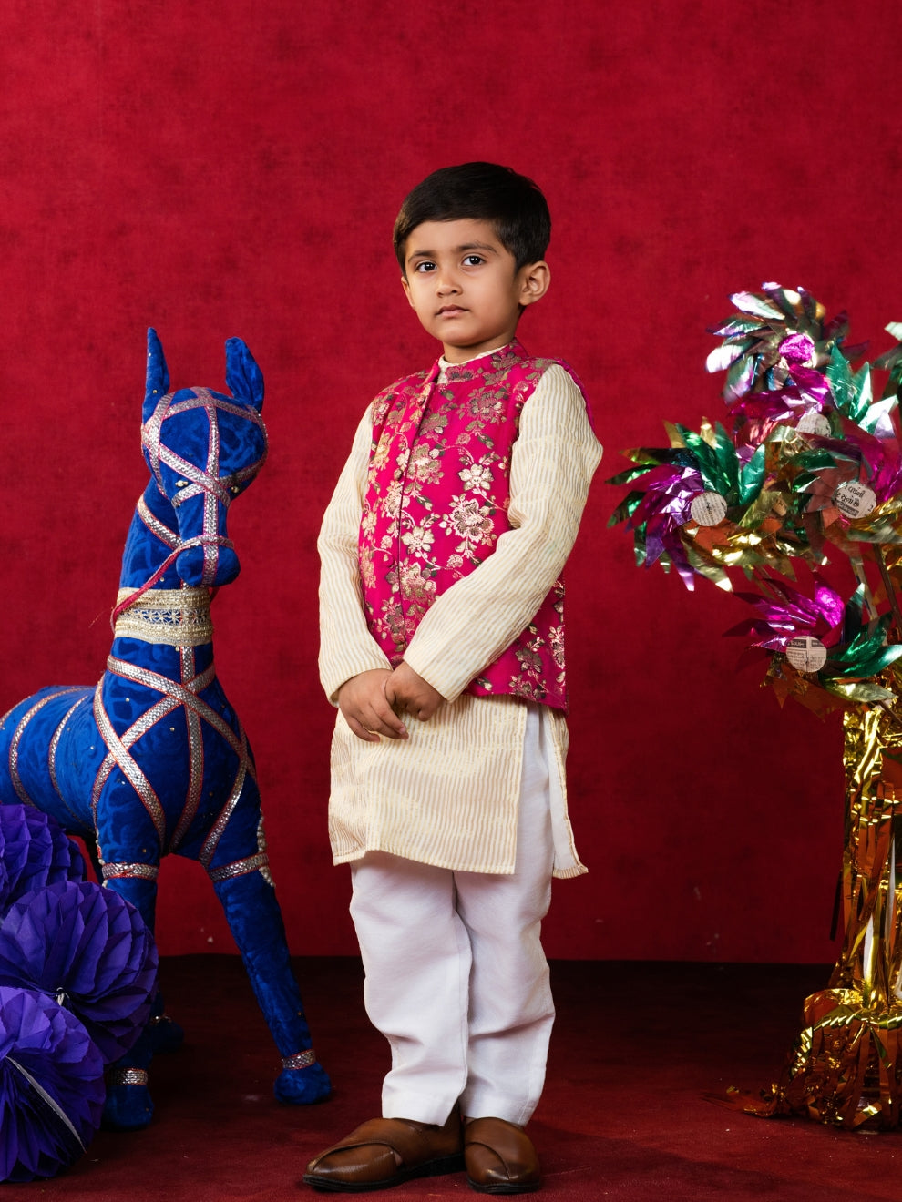 Boy's White Kurta set with Jacket (Set of 3)